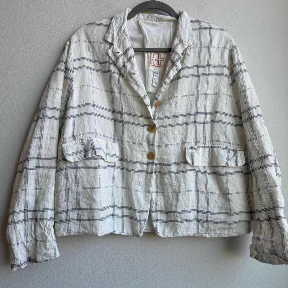 Hannoh Wessel Plaid Stripe Three Button Blazer Linen White Size 36 Small Italy